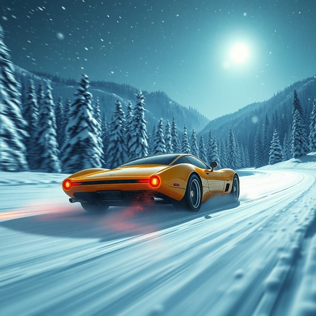 Electric Dream Car Conquers Snowy Nighttime Hills