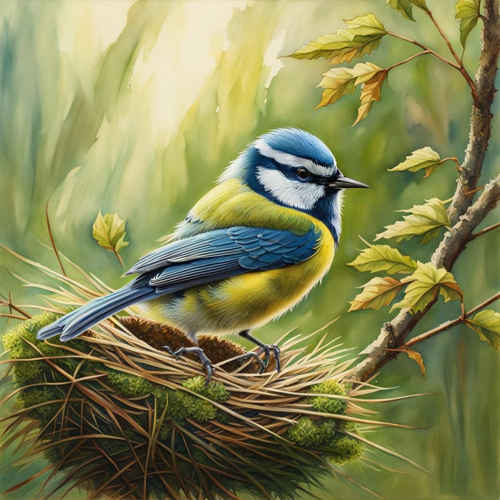 Blue Tit Nest: Photorealistic Watercolor Portrait