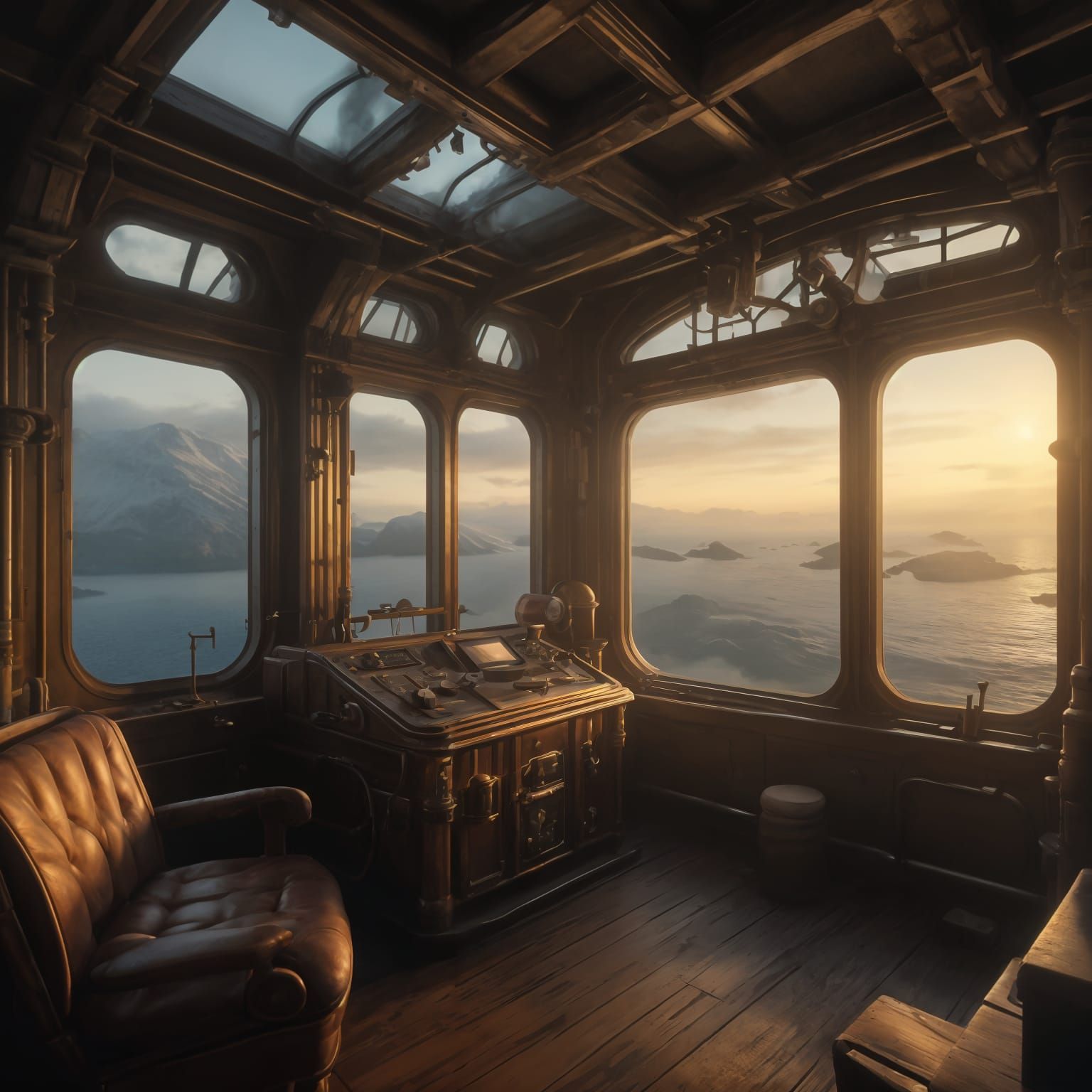Steampunk Airship Cabin with Norwegian Fjord View