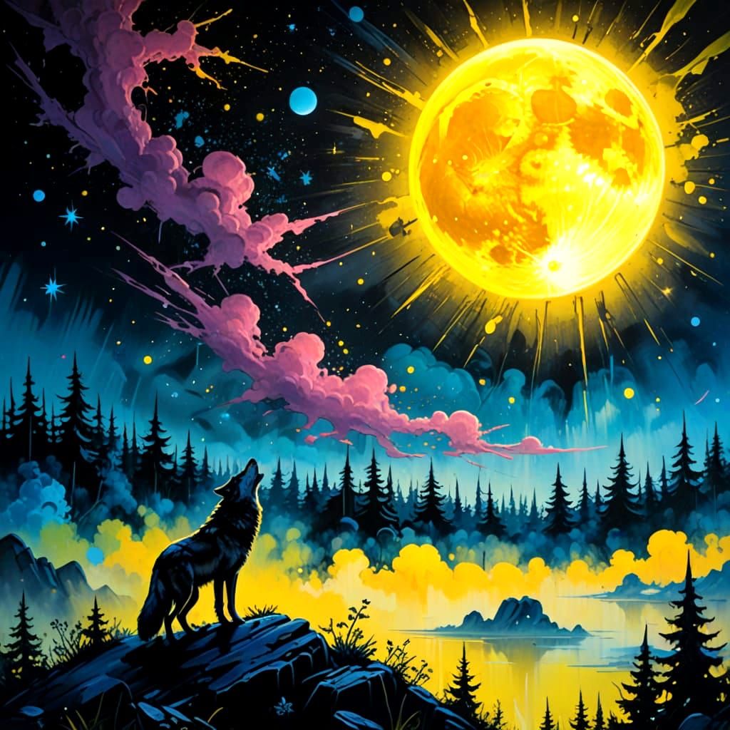 Lone Wolf in Vibrant, High-Contrast Graffiti Style