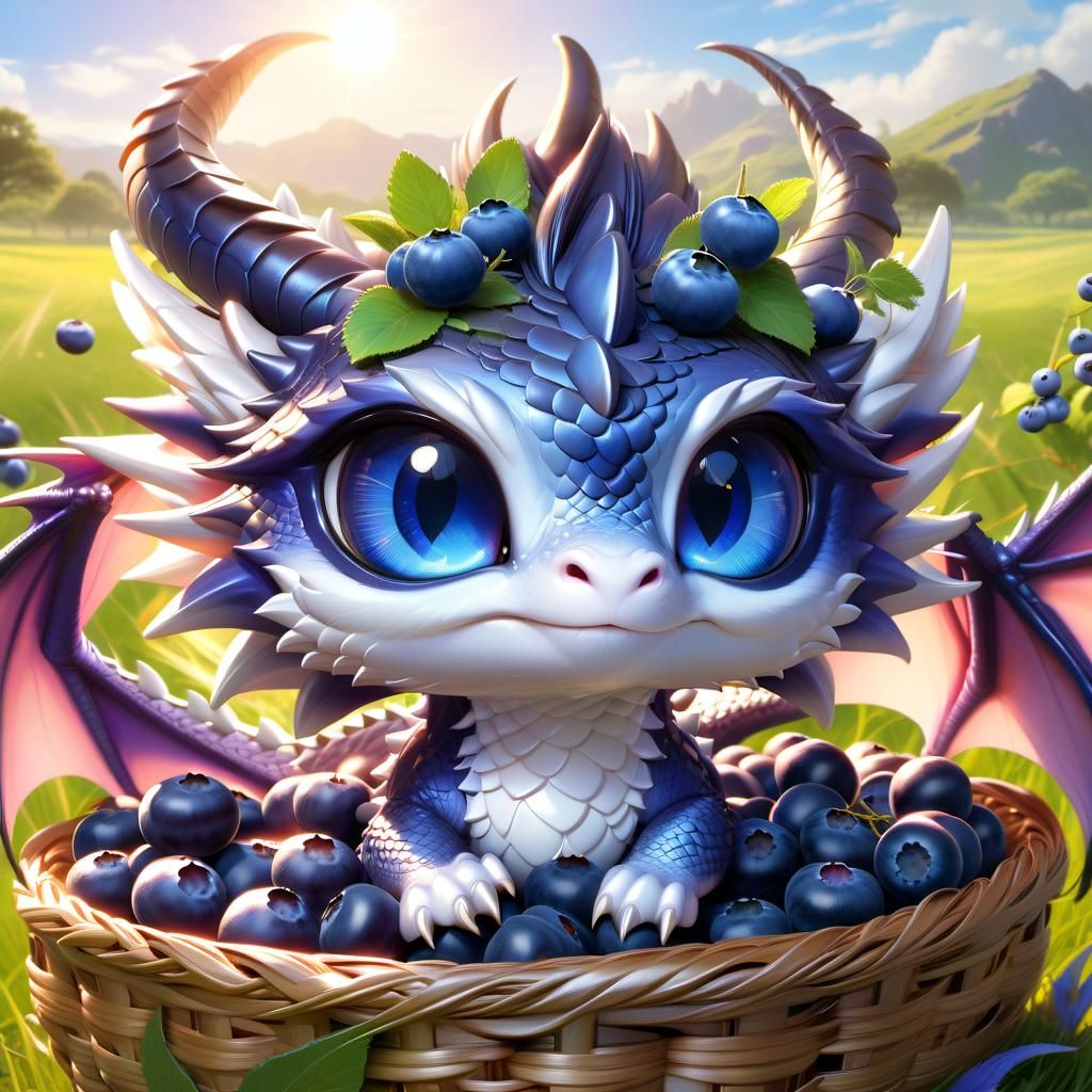 Adorable Chibi Dragon in Blueberry Basket, Anime Style