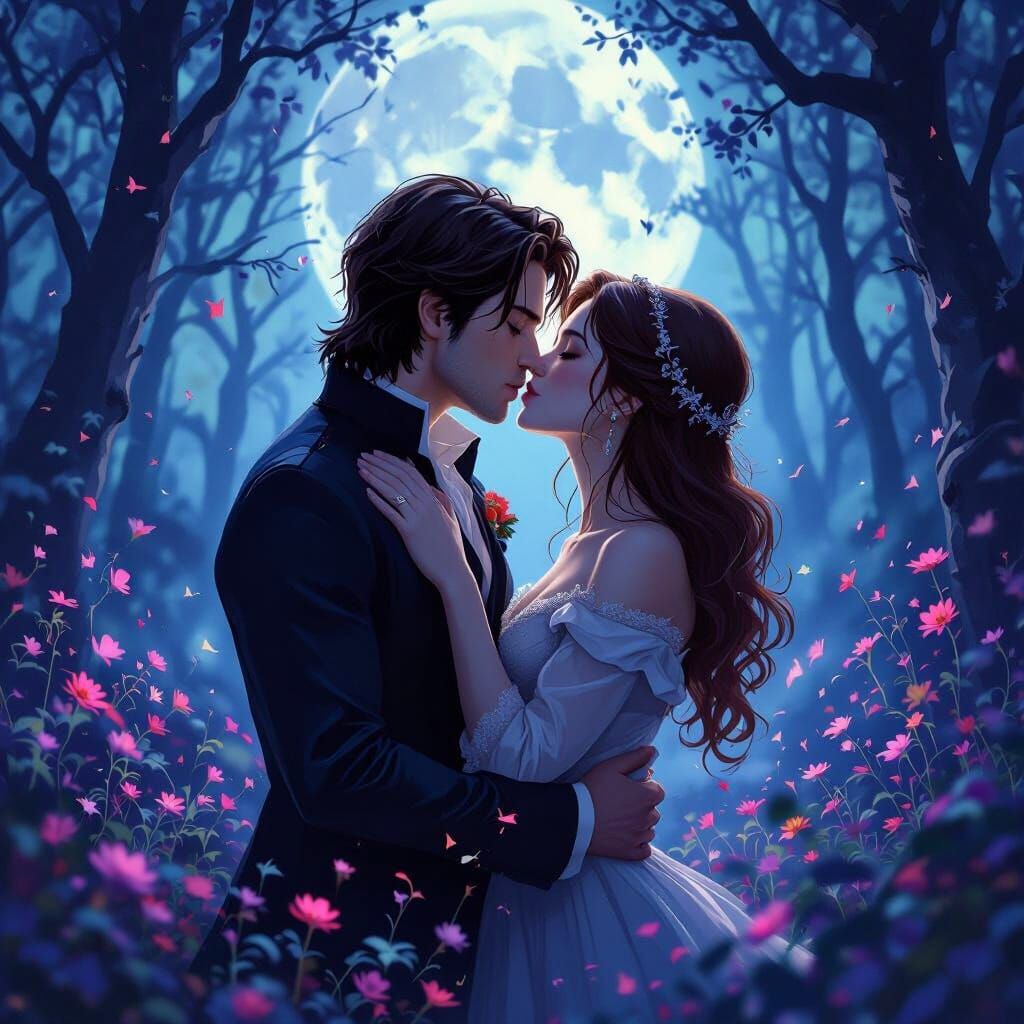 Romantic Kiss in Moonlit Forest, Digital Painting
