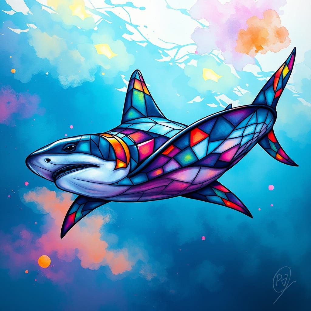 Majestic Geometric Shark in Cyberpunk Hues