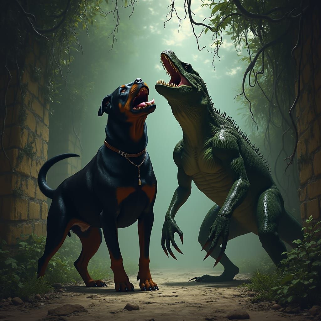 Menacing Rottweiler and Lizard in Dark Jungle