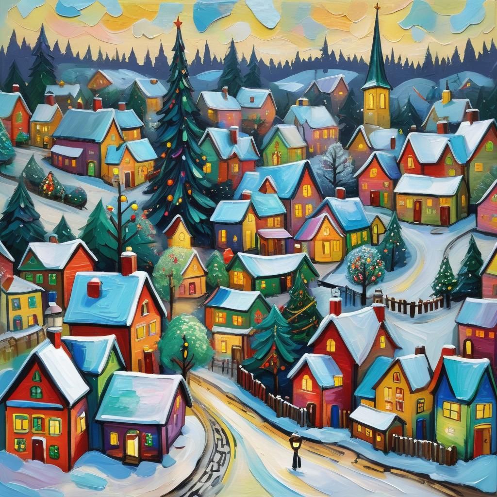 Christmas Village in Neo-Impressionist Style