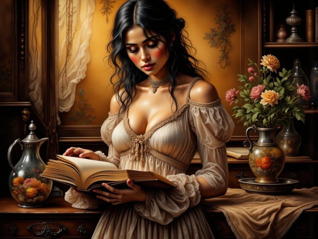 Chilean Woman Reading with Golden Light