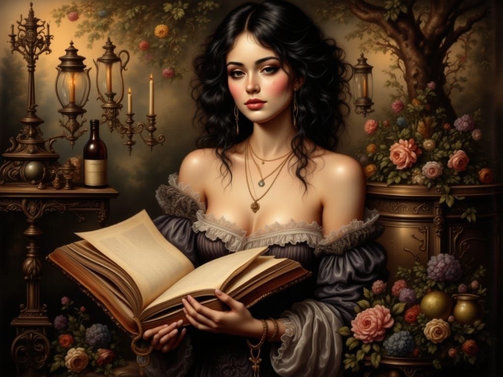 Chilean Woman Reading in a Golden Age Garden