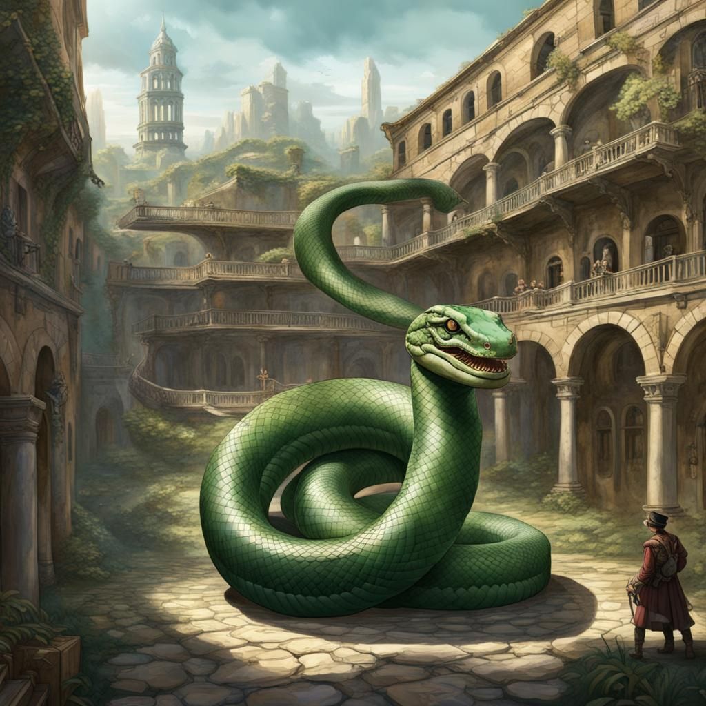Giant Snake Coiled in Roman Courtyard