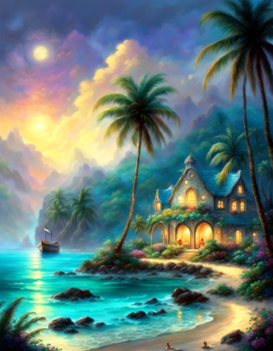 Ethereal Tropical Beach Art in Kinkade Style