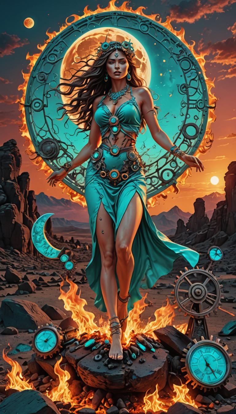 Turquoise Goddess Dancing on Coals: Ultra-Realistic 8k