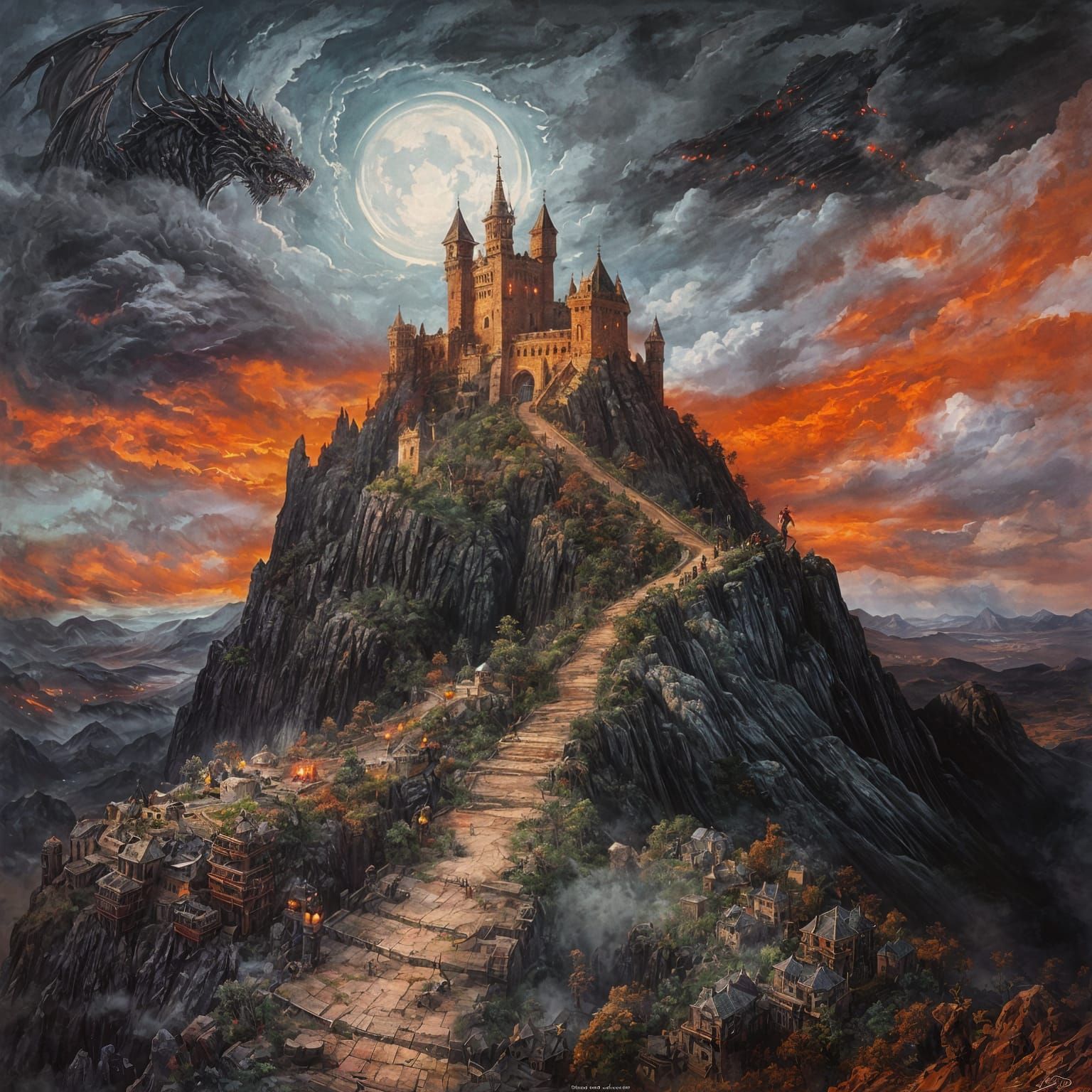 Epic Warrior Overlooking Cursed Kingdom in Gouache Style