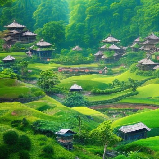 Asian Village Sunset: Lush Fields in Matte Painting