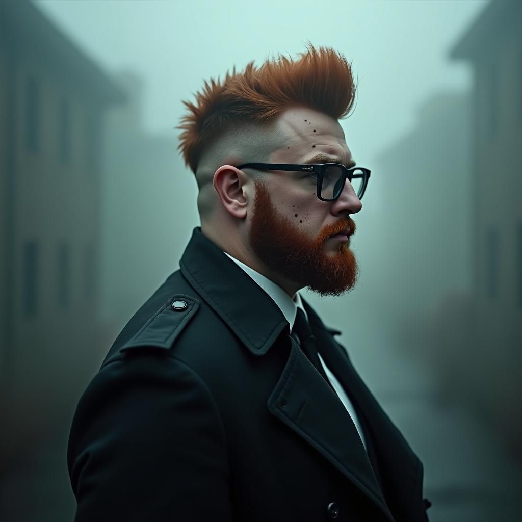 Noir Detective in Fog with Ginger Hair and Beard