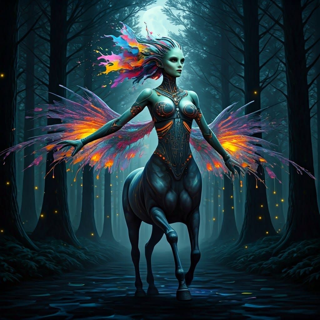 Alien Centauress in Moonlit Forest, Hyperrealistic Surrealis...
