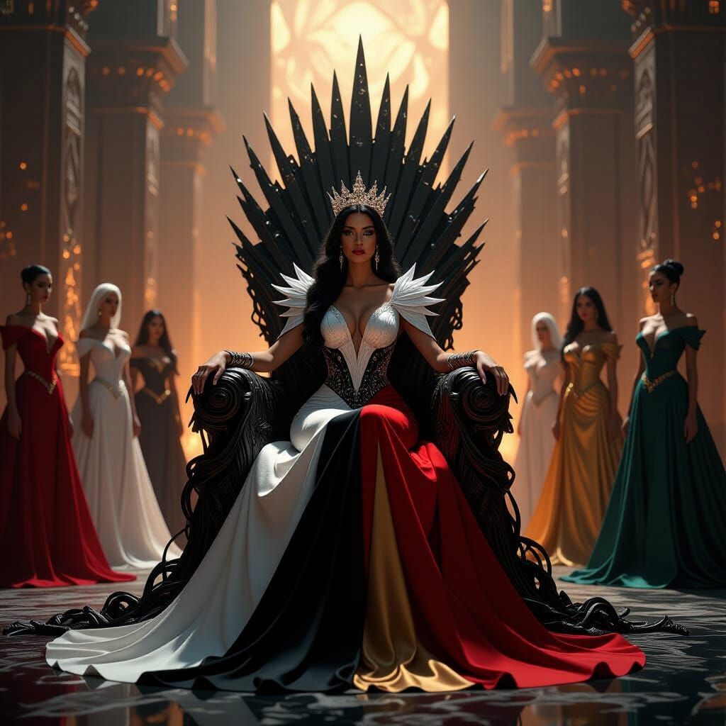 Majestic Queen on Obsidian Throne in Grand Hall