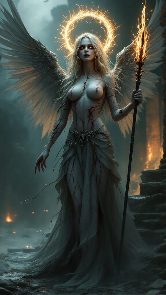 Ethereal Fallen Angel in Ruined Temple