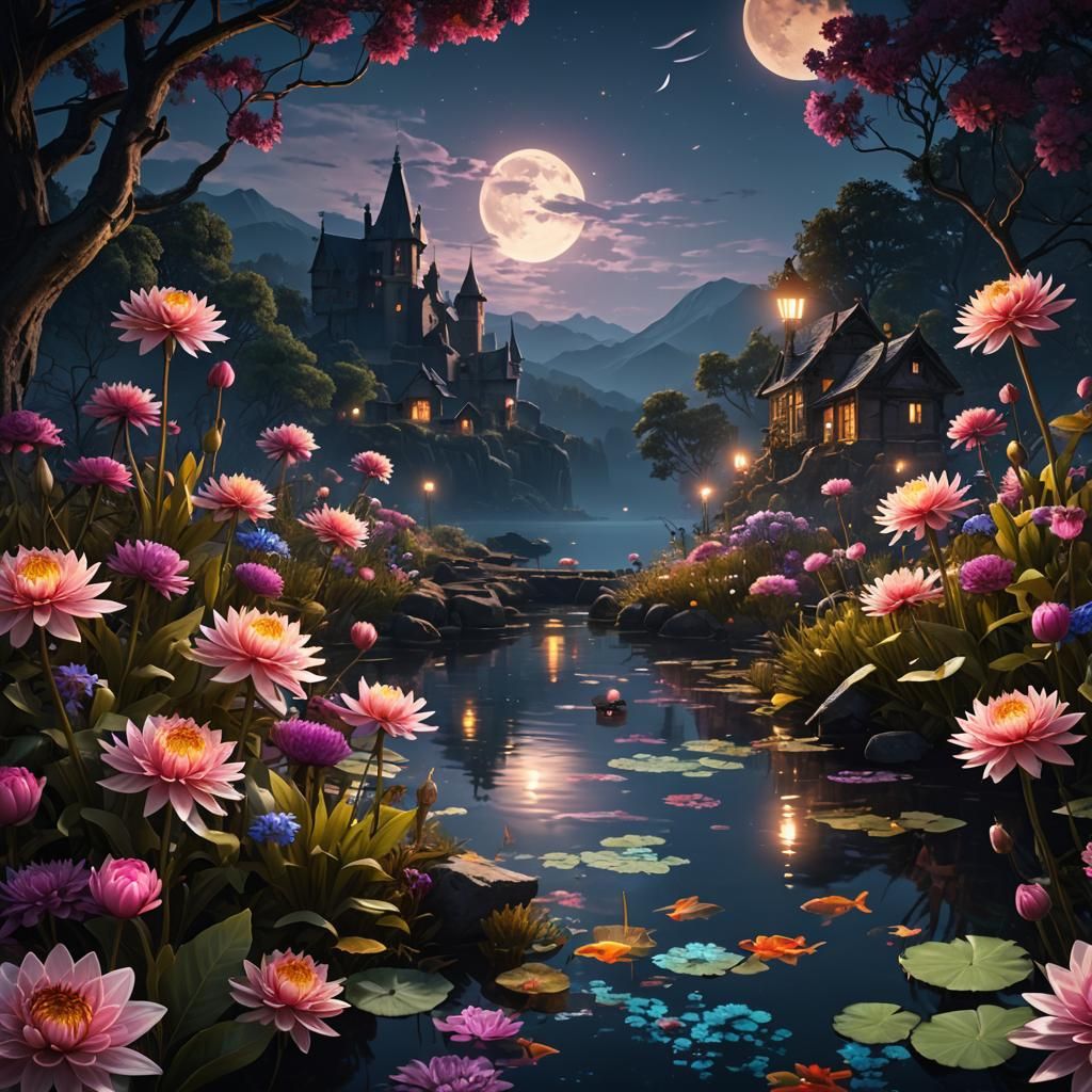 Night Fishing with Dahlias: Detailed Fantasy Art