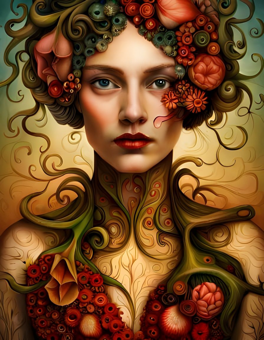 Surreal Woman Portrait with Red Flowers