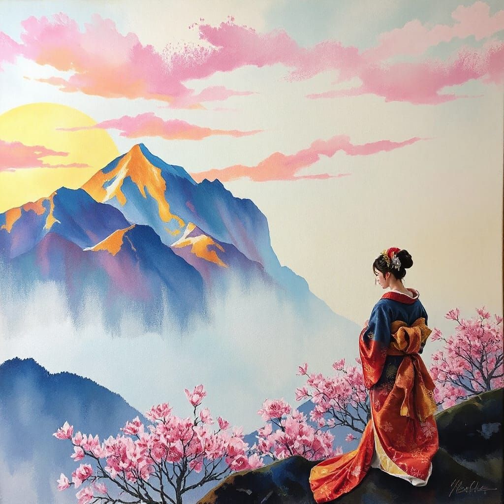 Geisha Under Sunset: Ethereal Watercolour and Oil Fusion