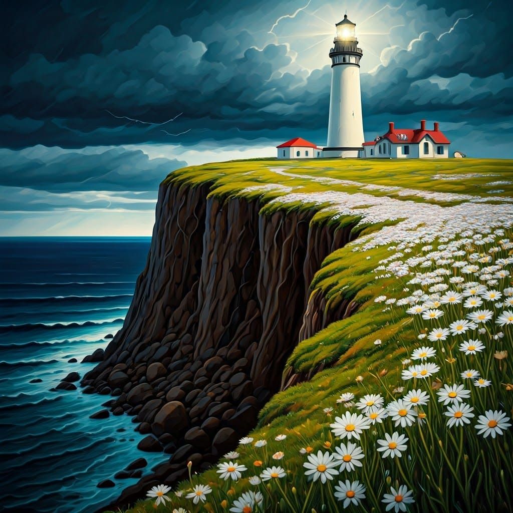 Lighthouse on Cliff in Tachisme Storm