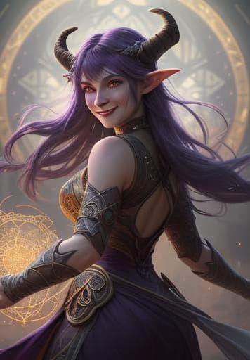 Joyful Tiefling Priestess Amidst Magic Sparks