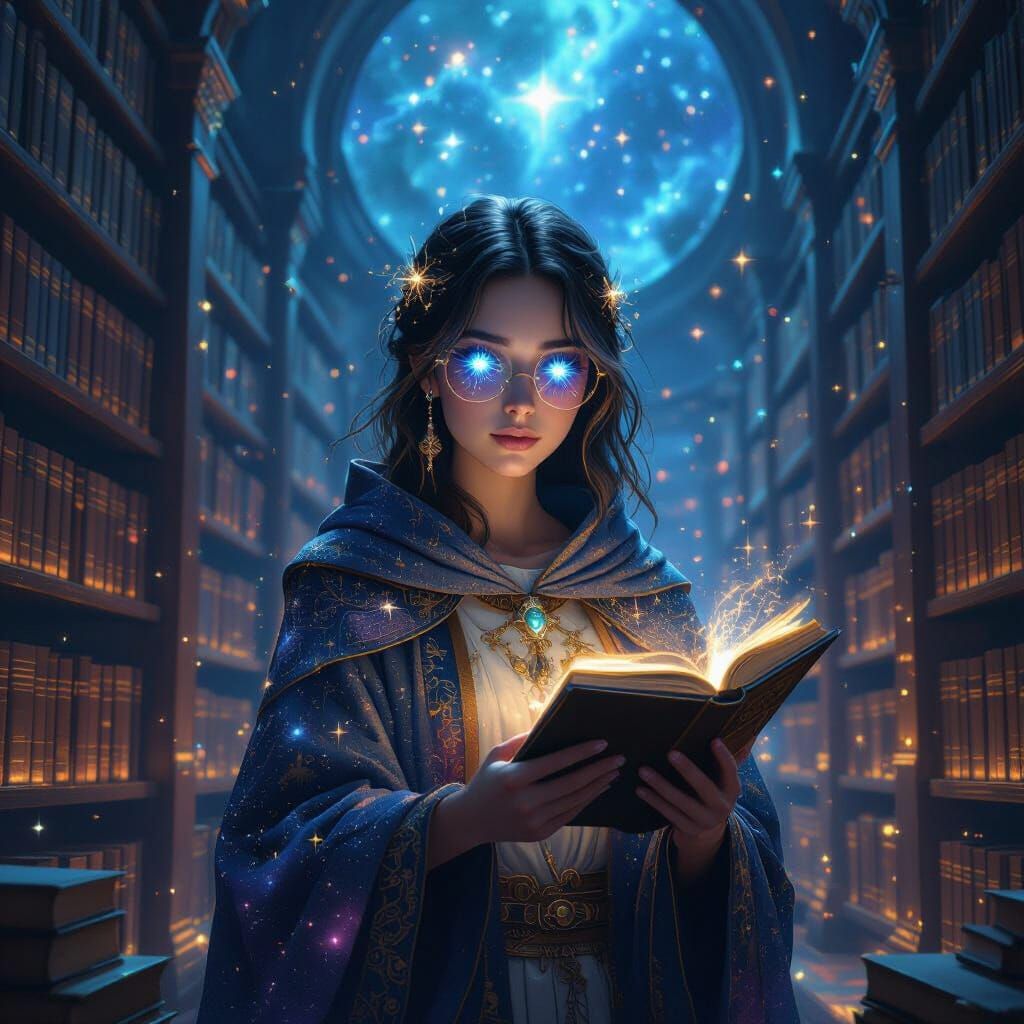 Celestial Librarian in Ethereal Library, Matte Painting