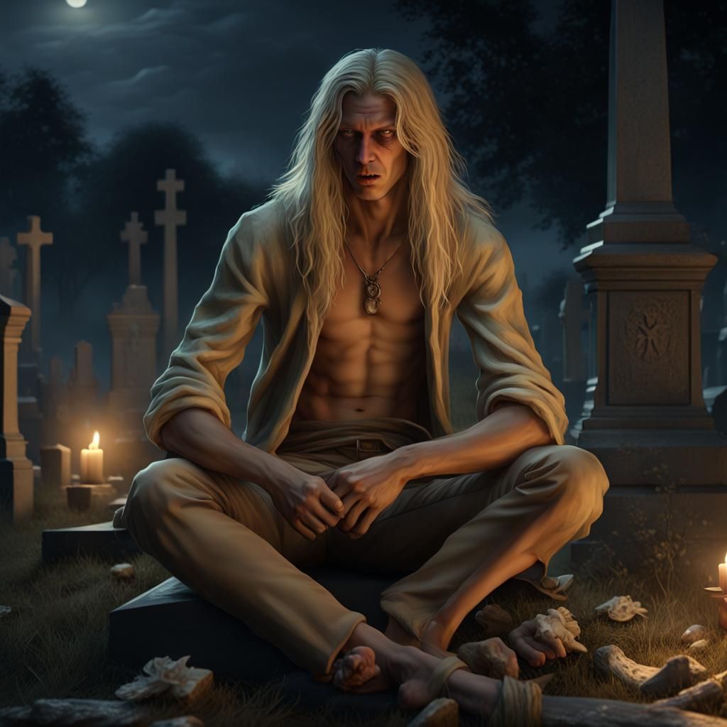 Cemetery Ghoul Gnawing Bone: Dark Fantasy Art