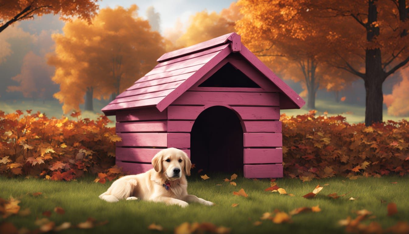 Golden Retriever in Wooden Doghouse, Autumn Country Scene