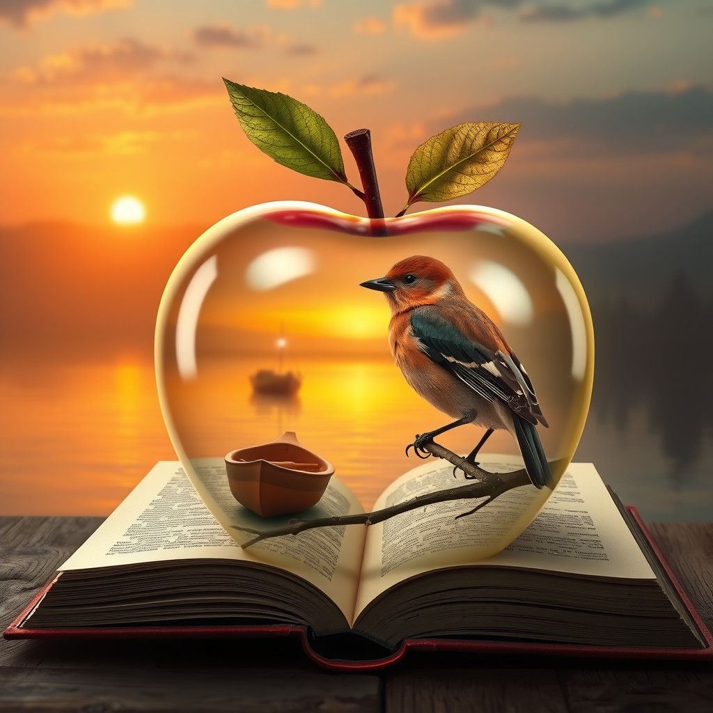Surreal Bird and Boat Scene in Transparent Apple