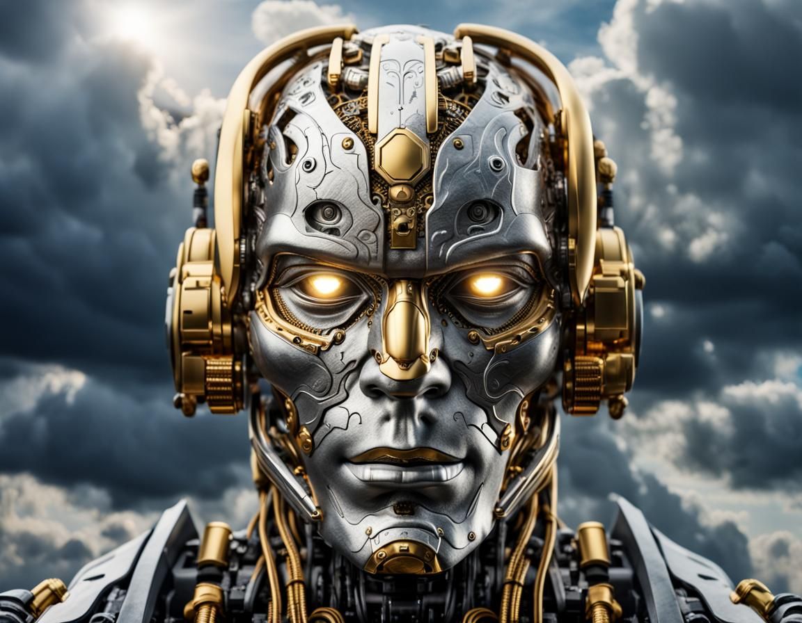 Hyperrealistic Cyborg Head with Atmospheric Cloud Background