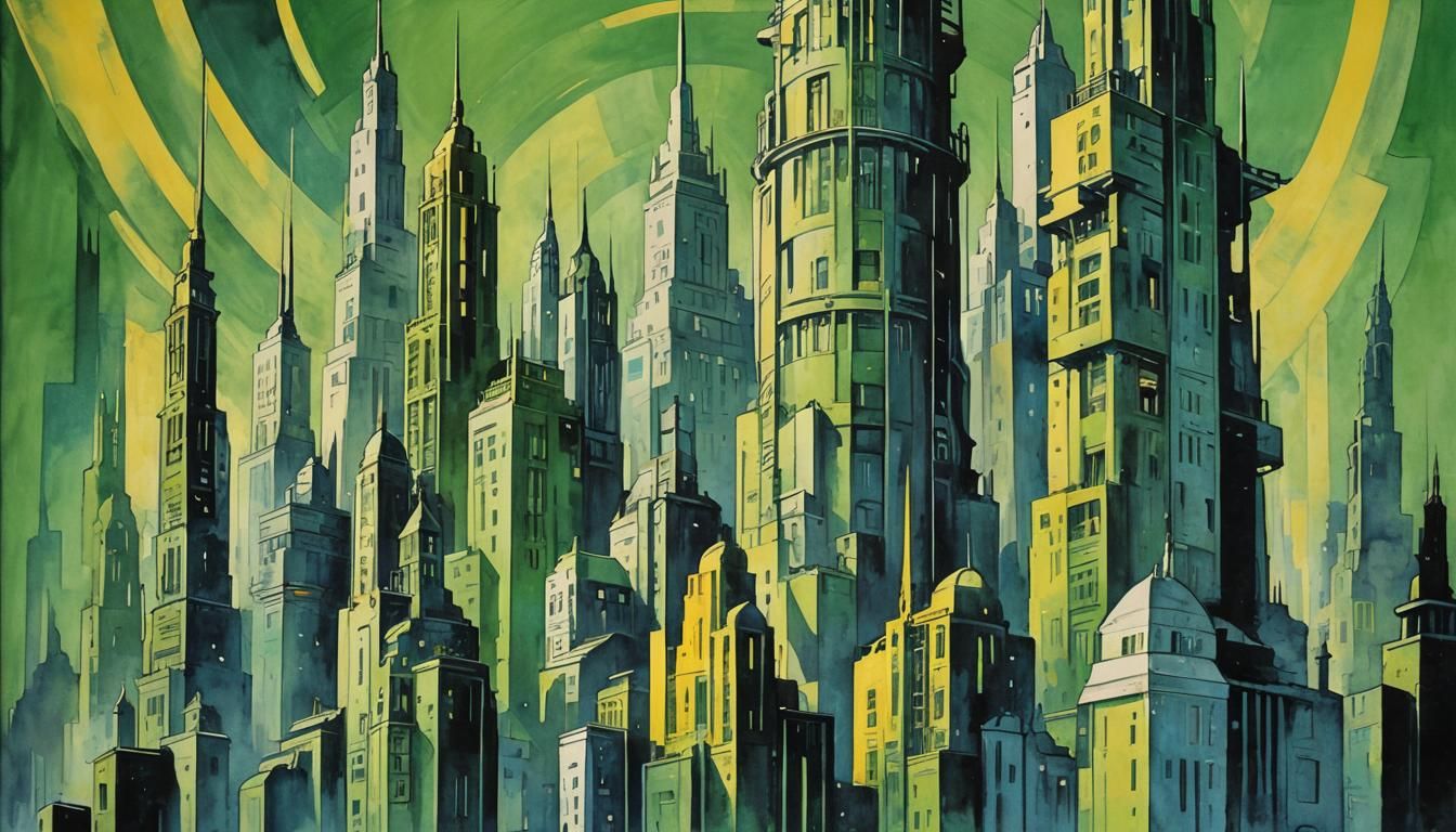 Retro Sci-Fi Metropolis Poster in Gouache Style
