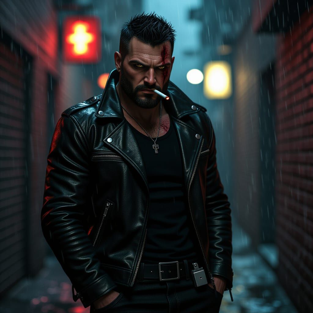 Neo-Noir Man in Rainy Alley with Silver Knife