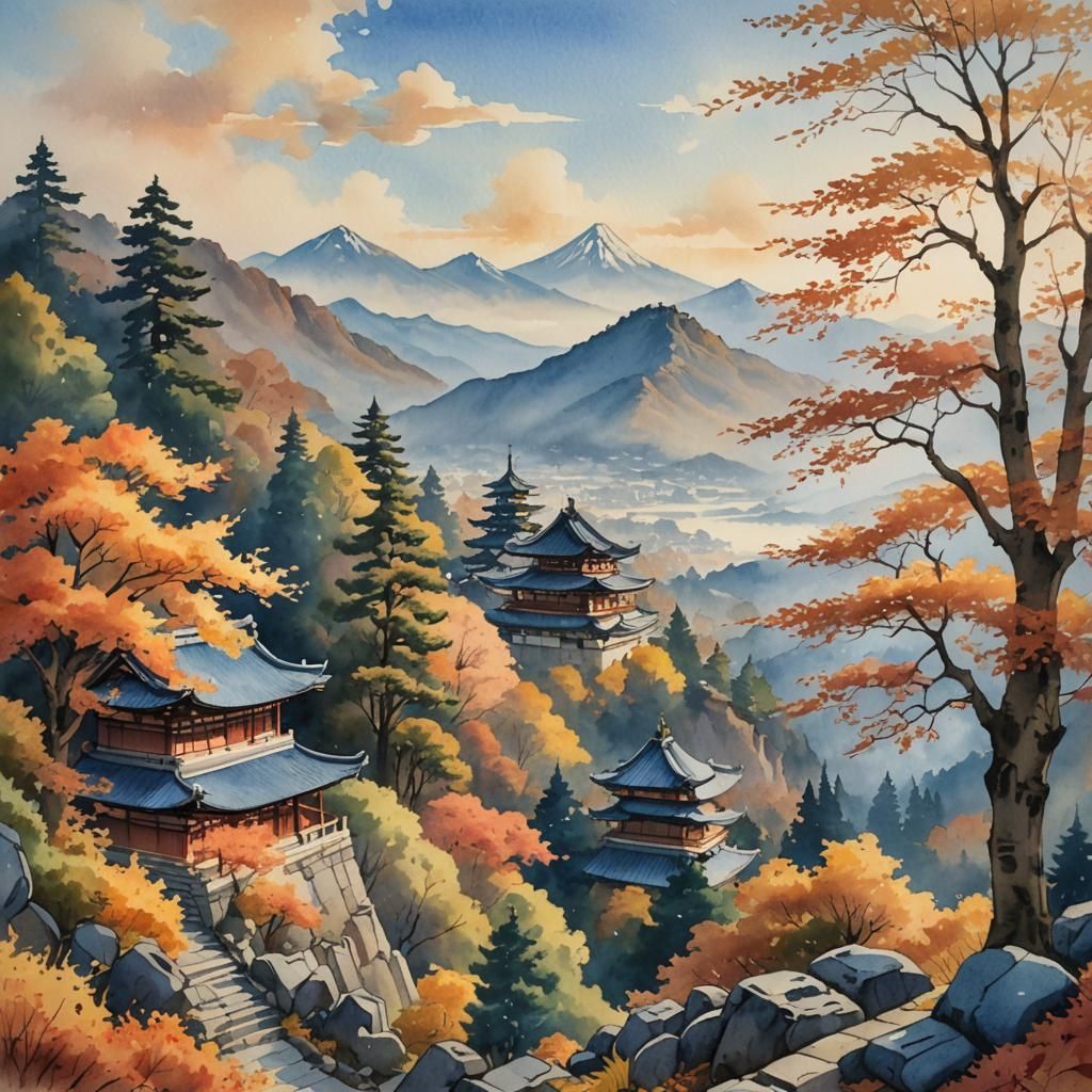Watercolor Temple Among Autumn Leaves, Scenic Landscape