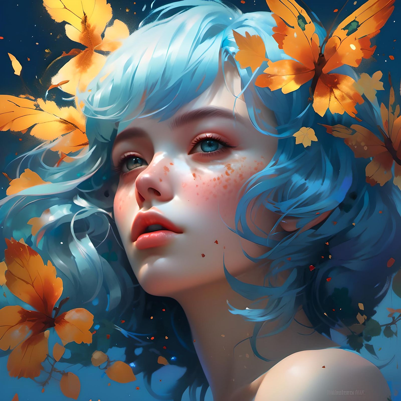 Blue-Haired Lips with Freckles in Digital Painting Style