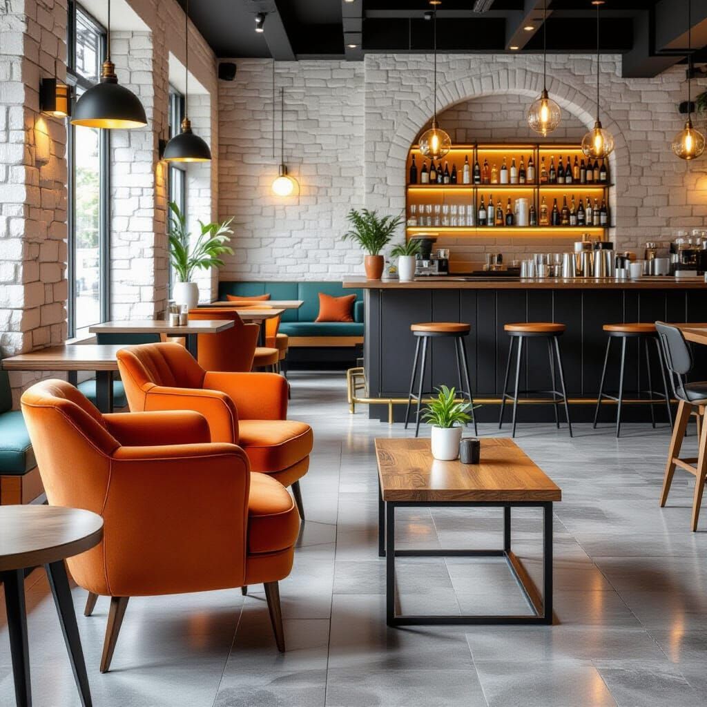 Restaurant Interior in Oak, Stone, and Black Metal