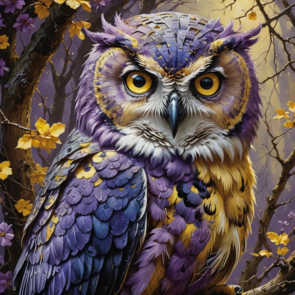 Hyperrealistic Violet Owl on Branch