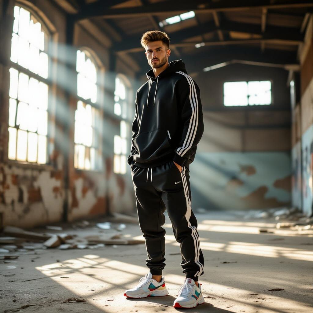Male Model in Modern Tracksuit in Abandoned Warehouse
