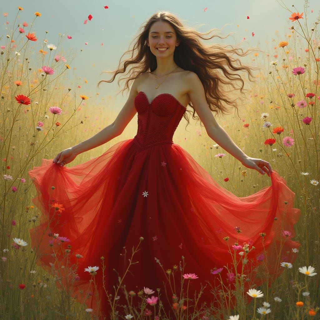 Romantic Pre-Raphaelite Ballerina Dancing in Wildflowers