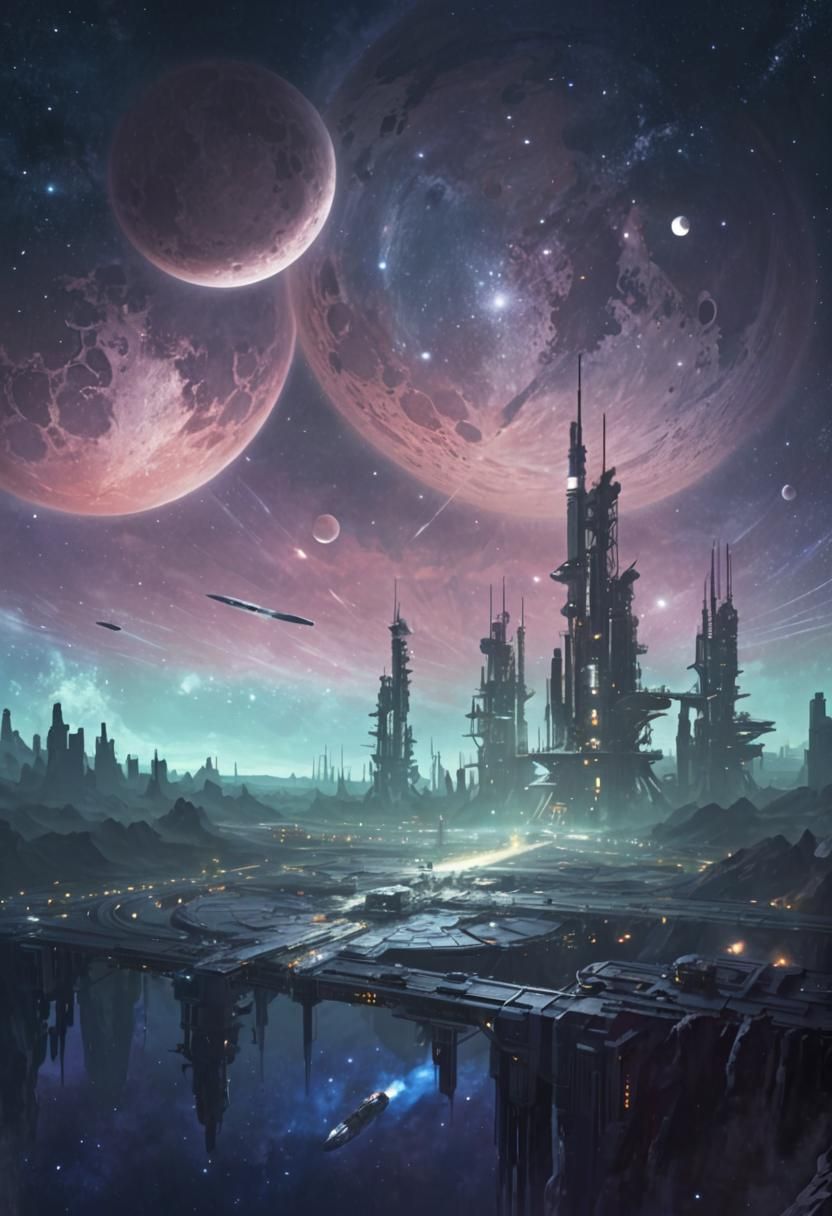 Science Fiction Space Refinery in Asteroid Field