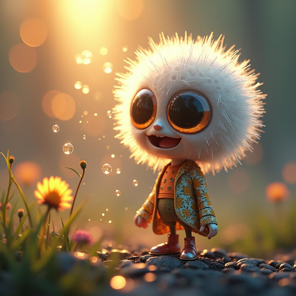 Anthropomorphic Dandelion Gazing at Sunlight: 3D Anime Art