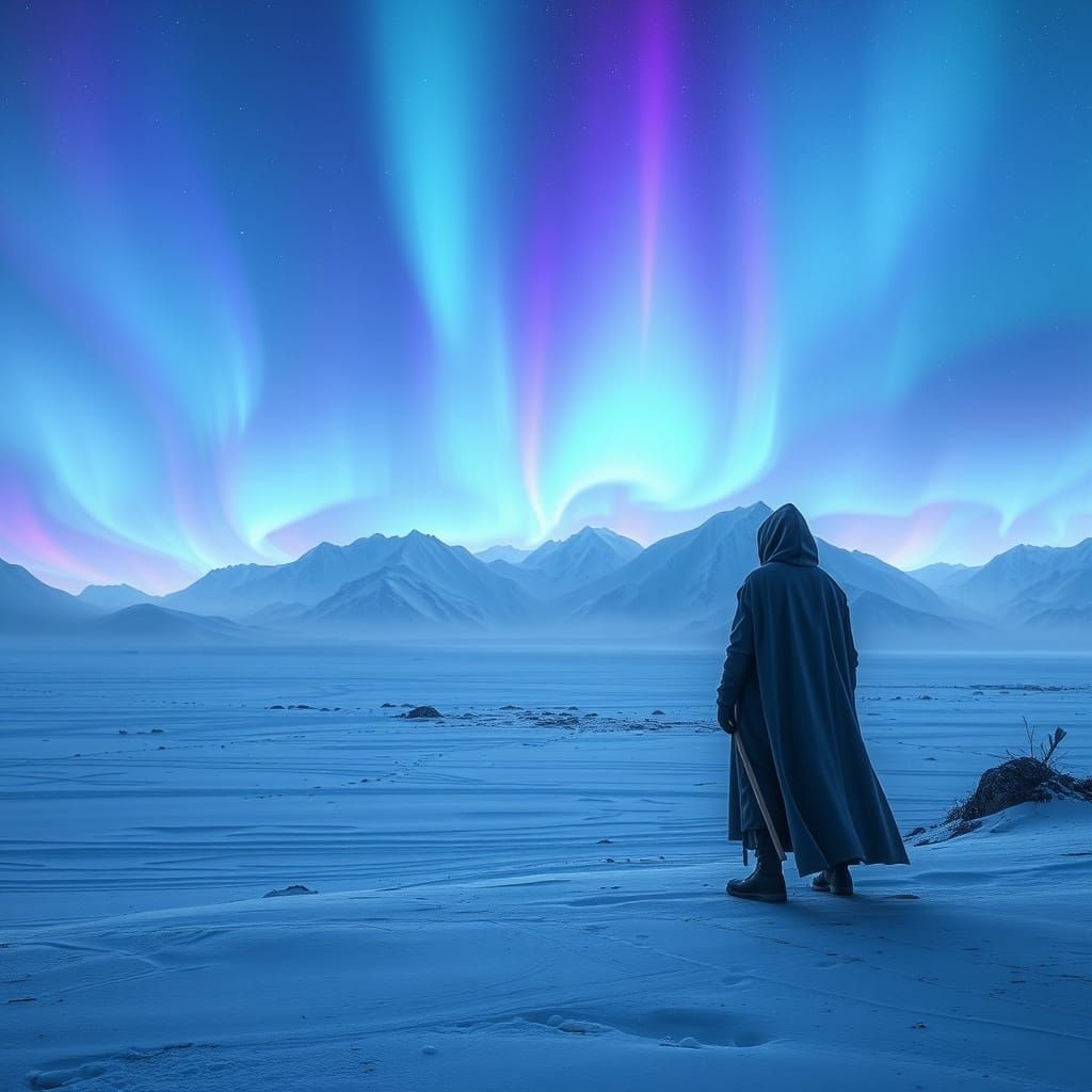 Ethereal Aurora Borealis in Futuristic Winter Landscape