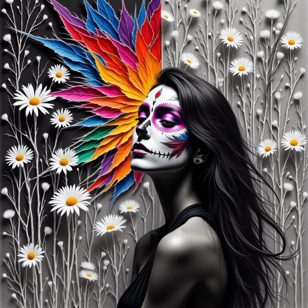 Vibrant Woman with Day of the Dead Face Paint in Grayscale