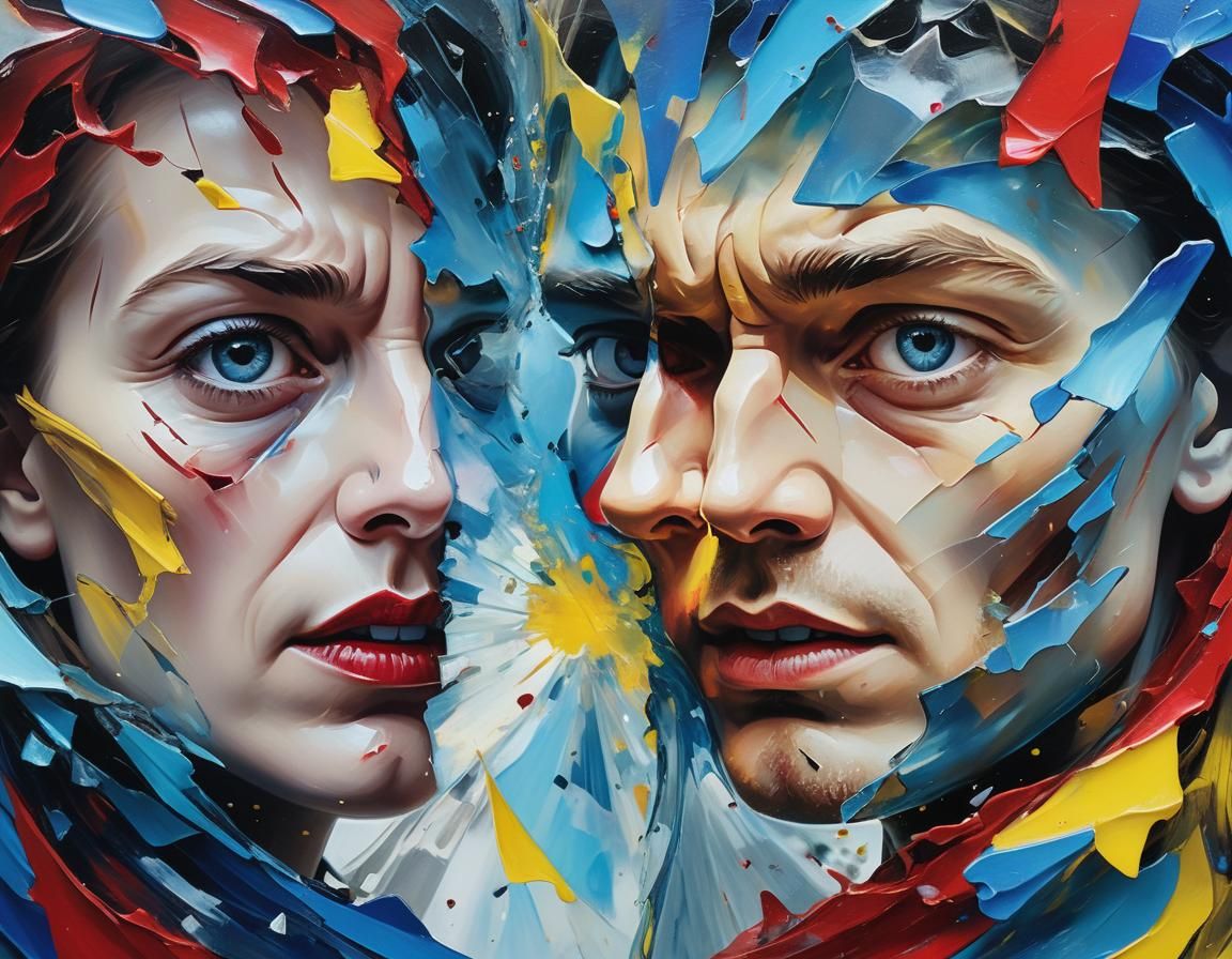 Merged Faces in Oil Paint: Love and Hate Duality