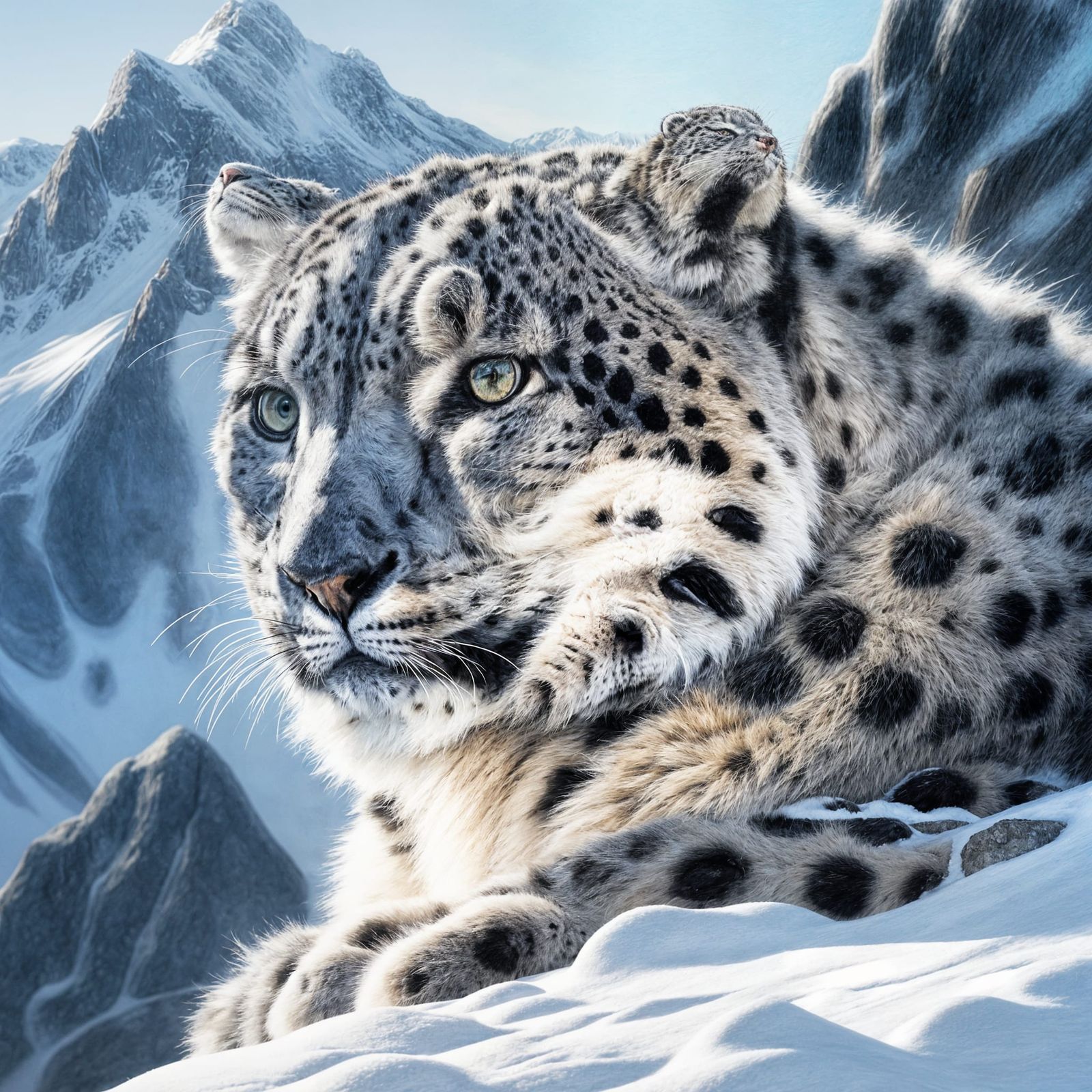 Snow Leopard in Serene Mountain Valley Drawing