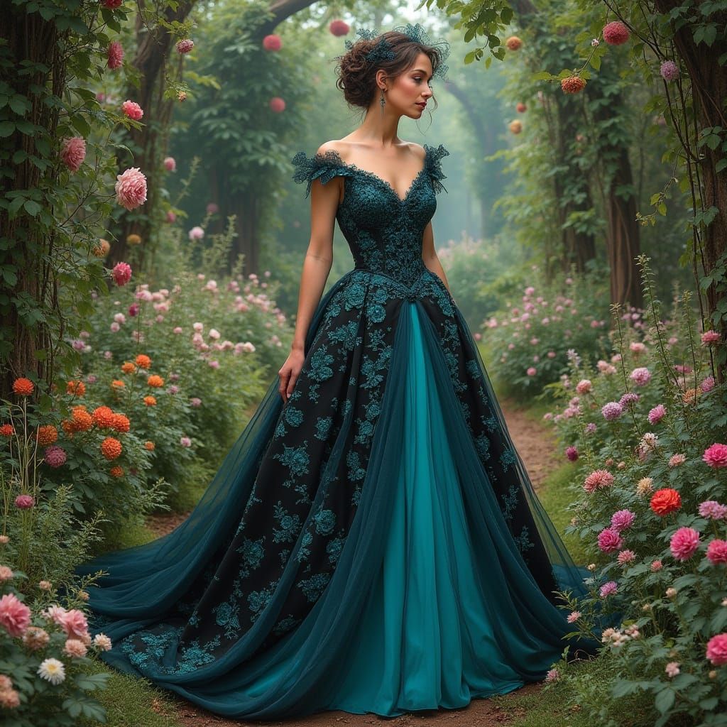 Elegant Woman in Pre-Raphaelite Wedding Gown Amidst Whimsica...