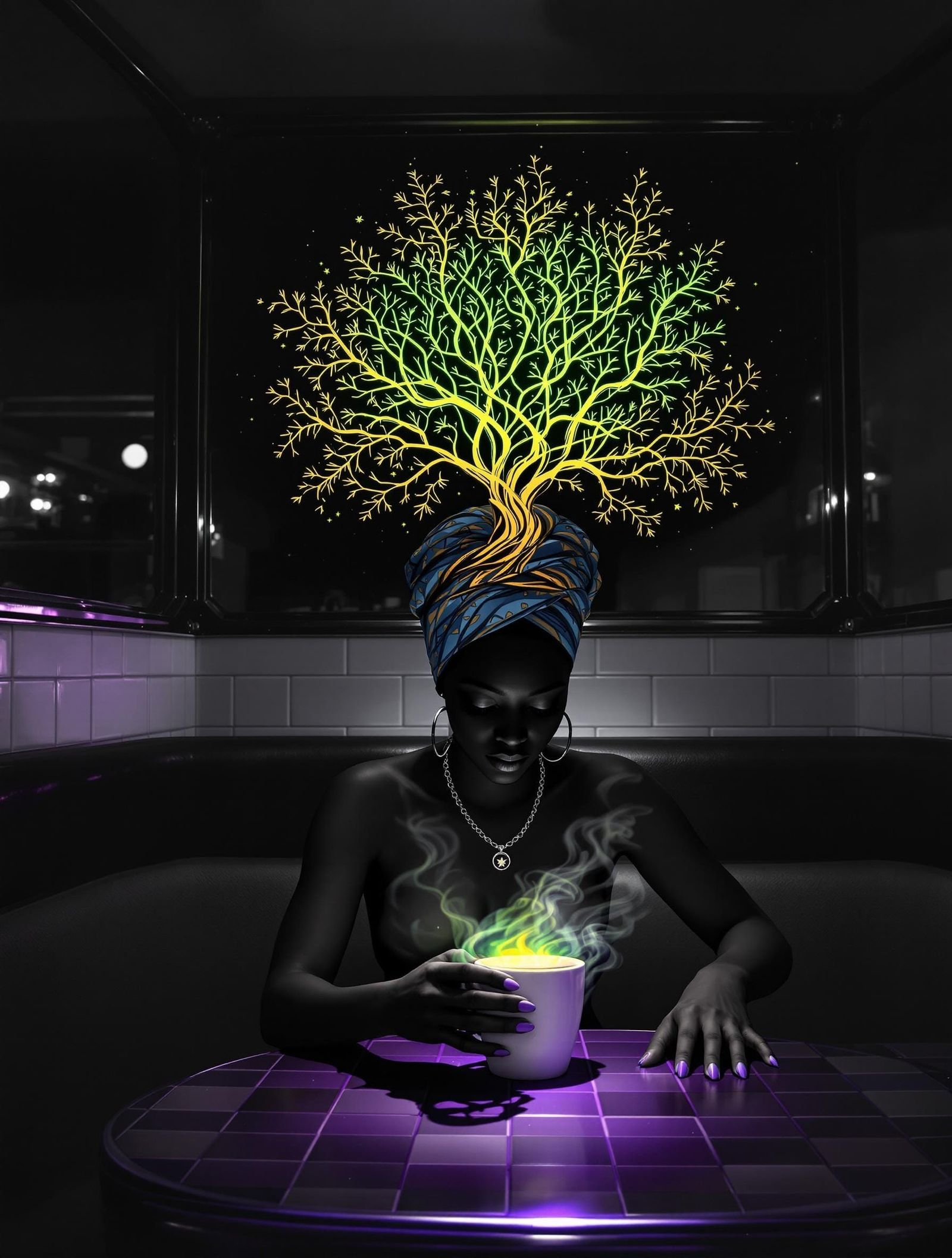 Monochrome Diner Labyrinth with Woman in Kente Headwrap
