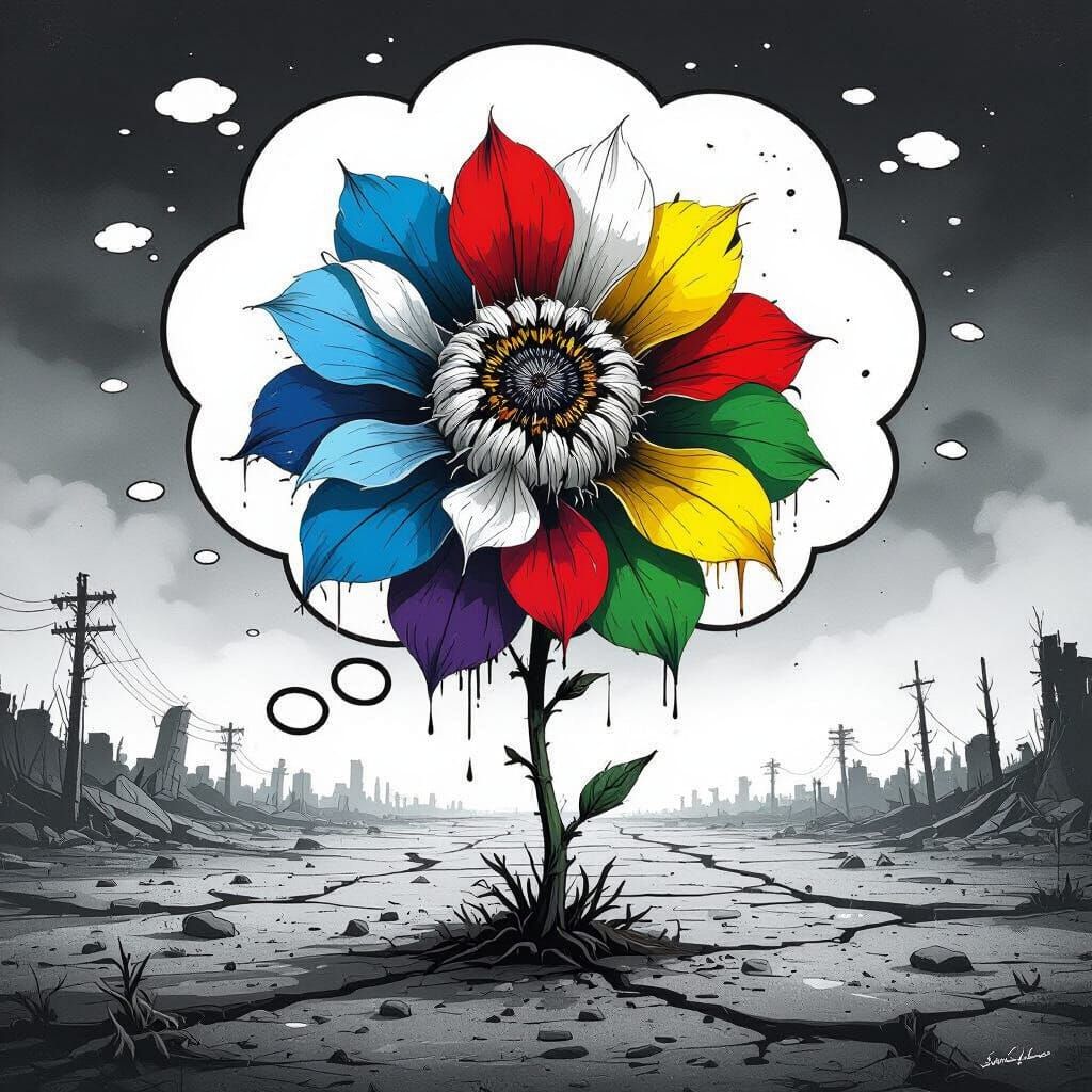 Decayed Flower in Post-Apocalyptic Comic Bubble