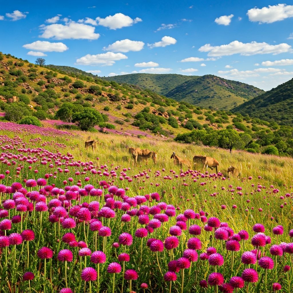 Pompom Flowers and Grazing Antelope in South African Reserve