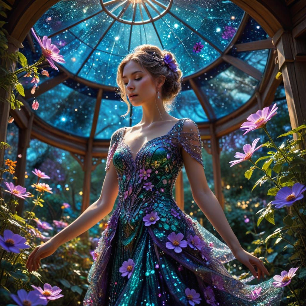 Her dress reflects the cosmos above