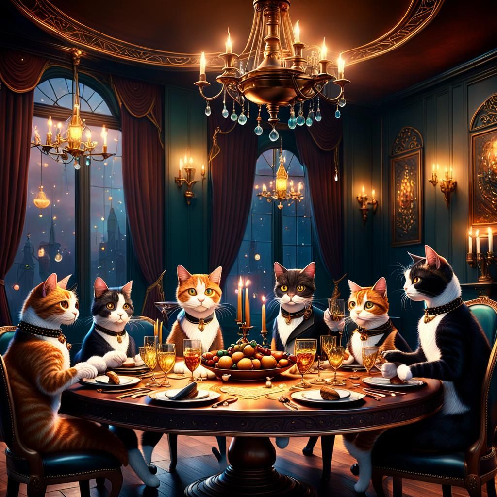 Elegant Cat Dinner Party in Fantasy Style